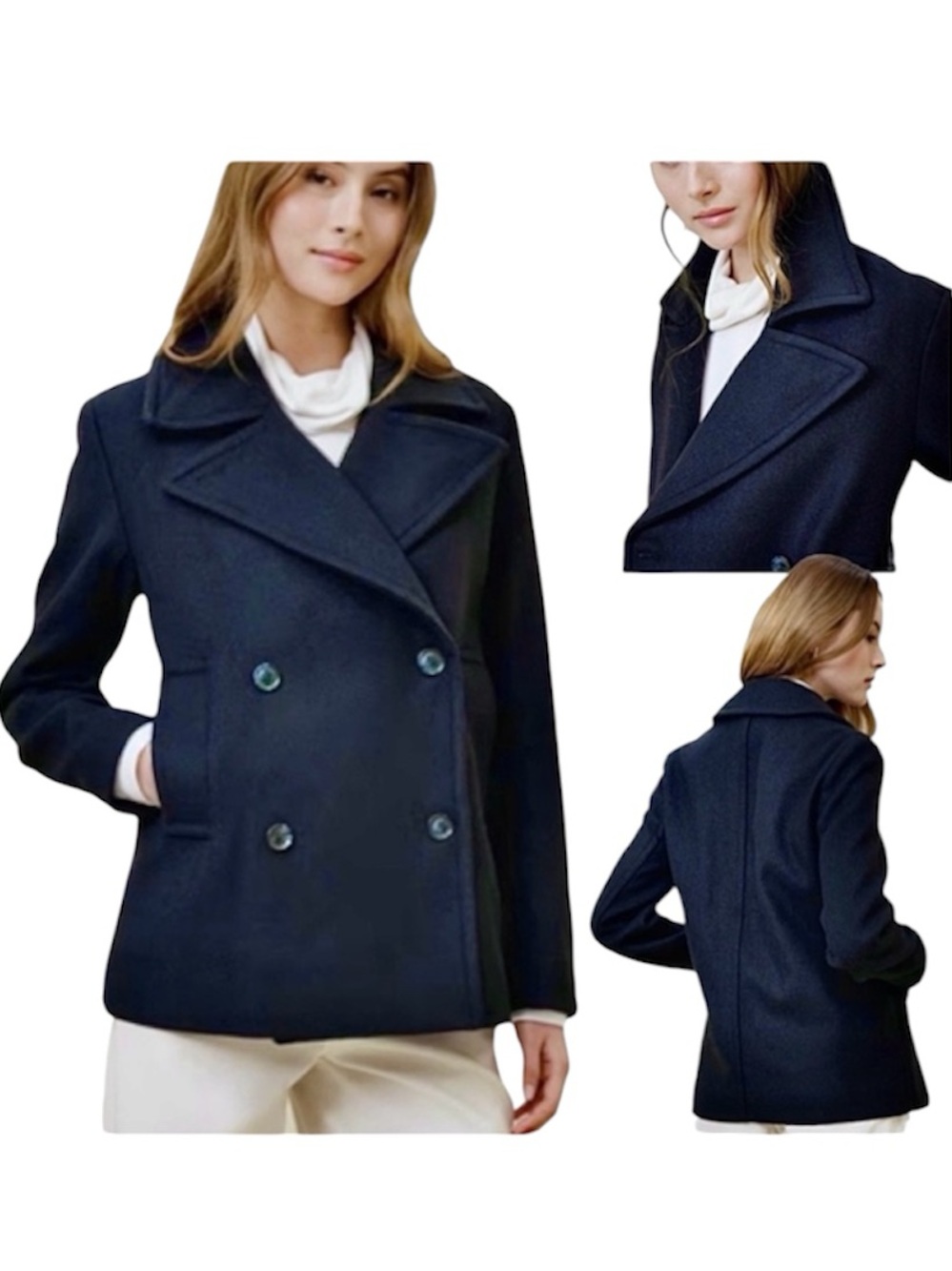 Banana Republic Navy Blue Double Breasted Wool Blend Blazer Pea Coat